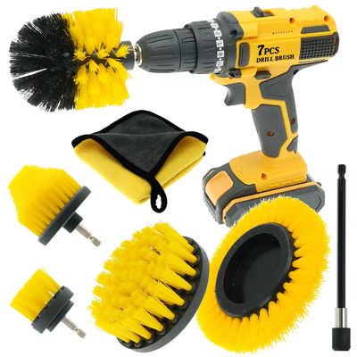 7pcs Yellow Color Drill Cleaner Brush Set Durable Drill Attachment For Car Cleaning